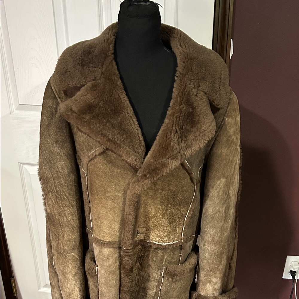 Vtg Marlboro Man brown suede shearling barn coat Nordstroms sz XL - Picture 2 of 5